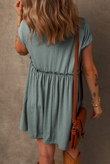 Frilled Gathered Seam Round Neck T Shirt Dress